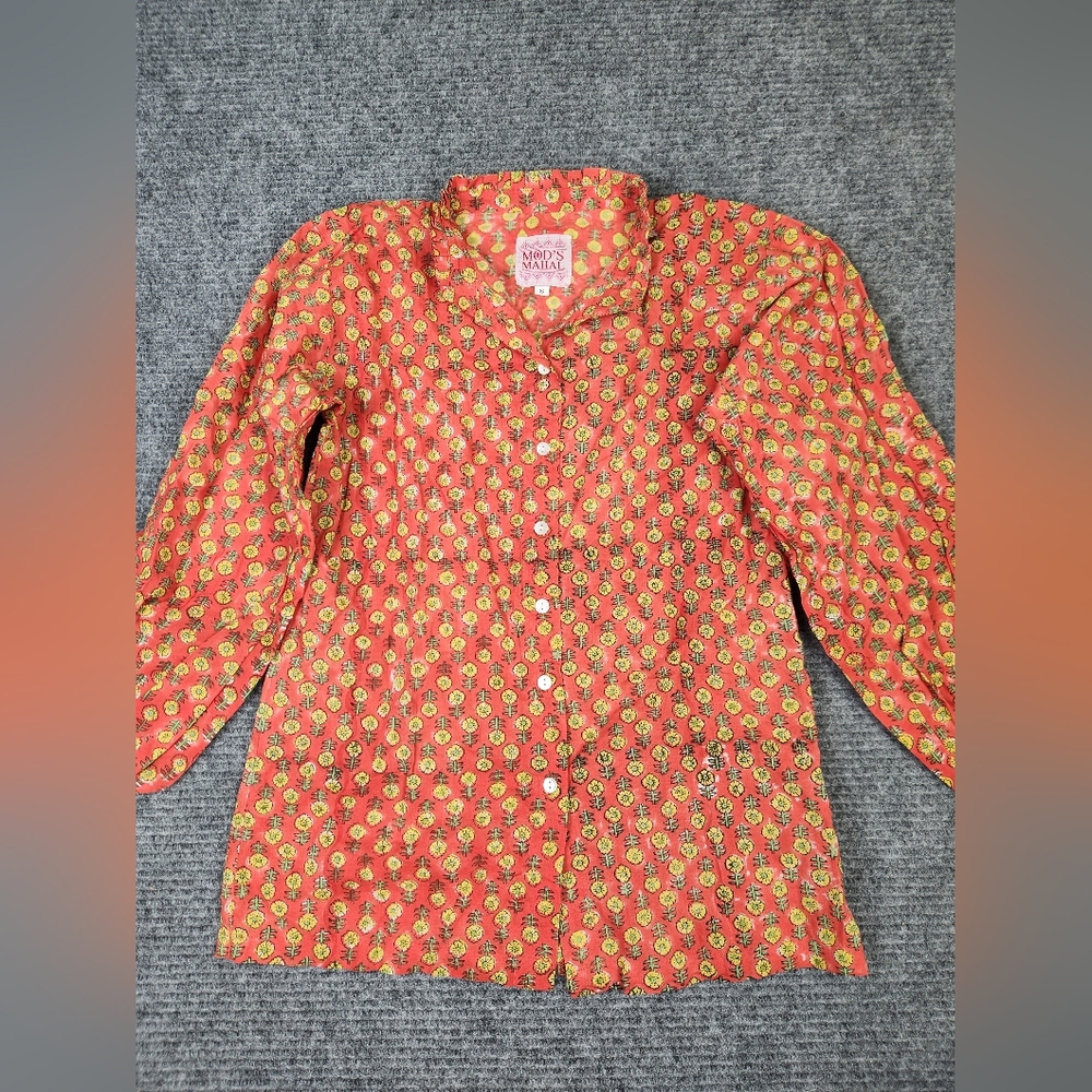 Mod’s Mahal Indian Cotton Block Print Retro 70s Button Down Shirt Size Small